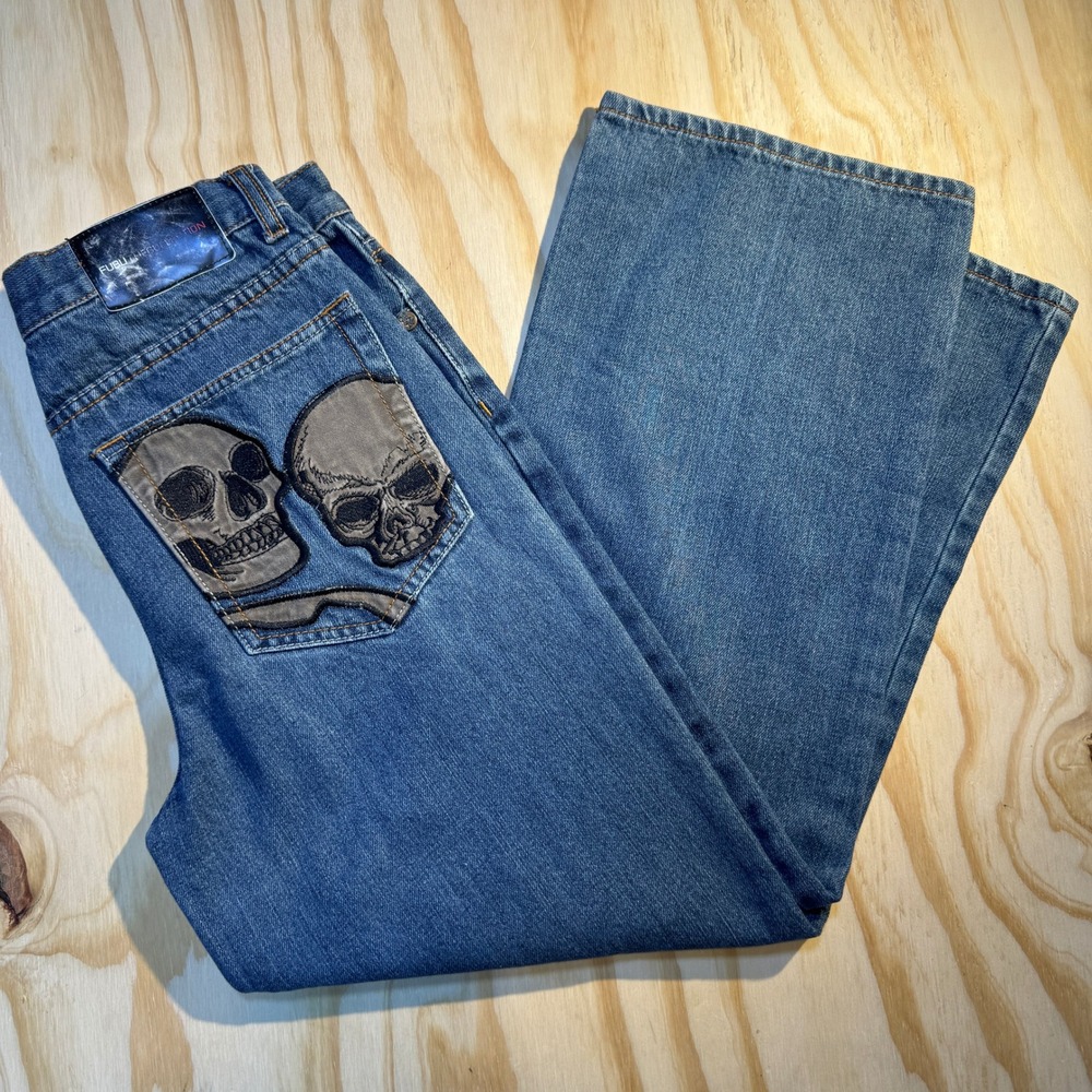 FUBU Men's Skull Graphic Medium Wash Baggy Wide Leg Denim Jeans Size 16